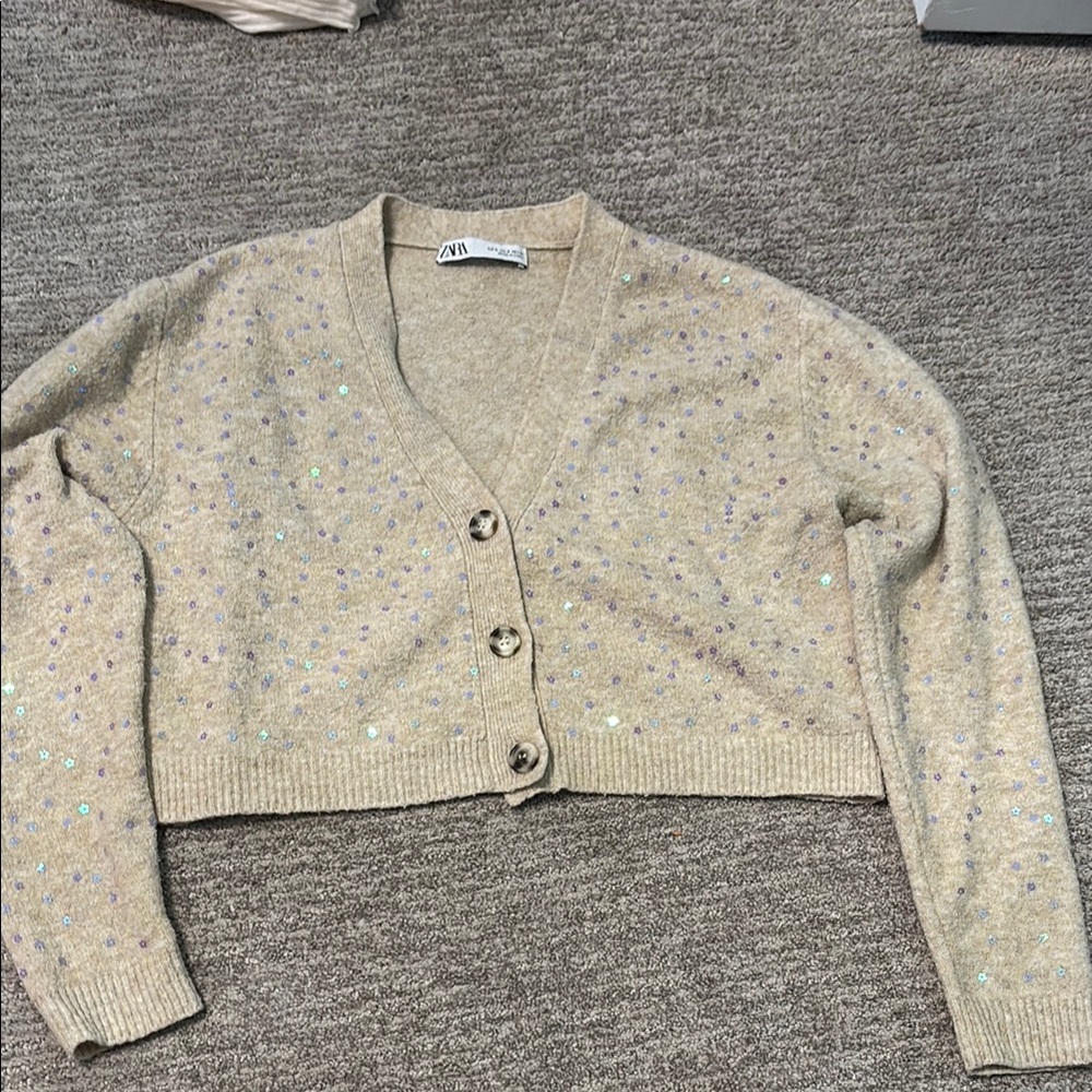 Zara Cream Cropped Cardigan Sweater